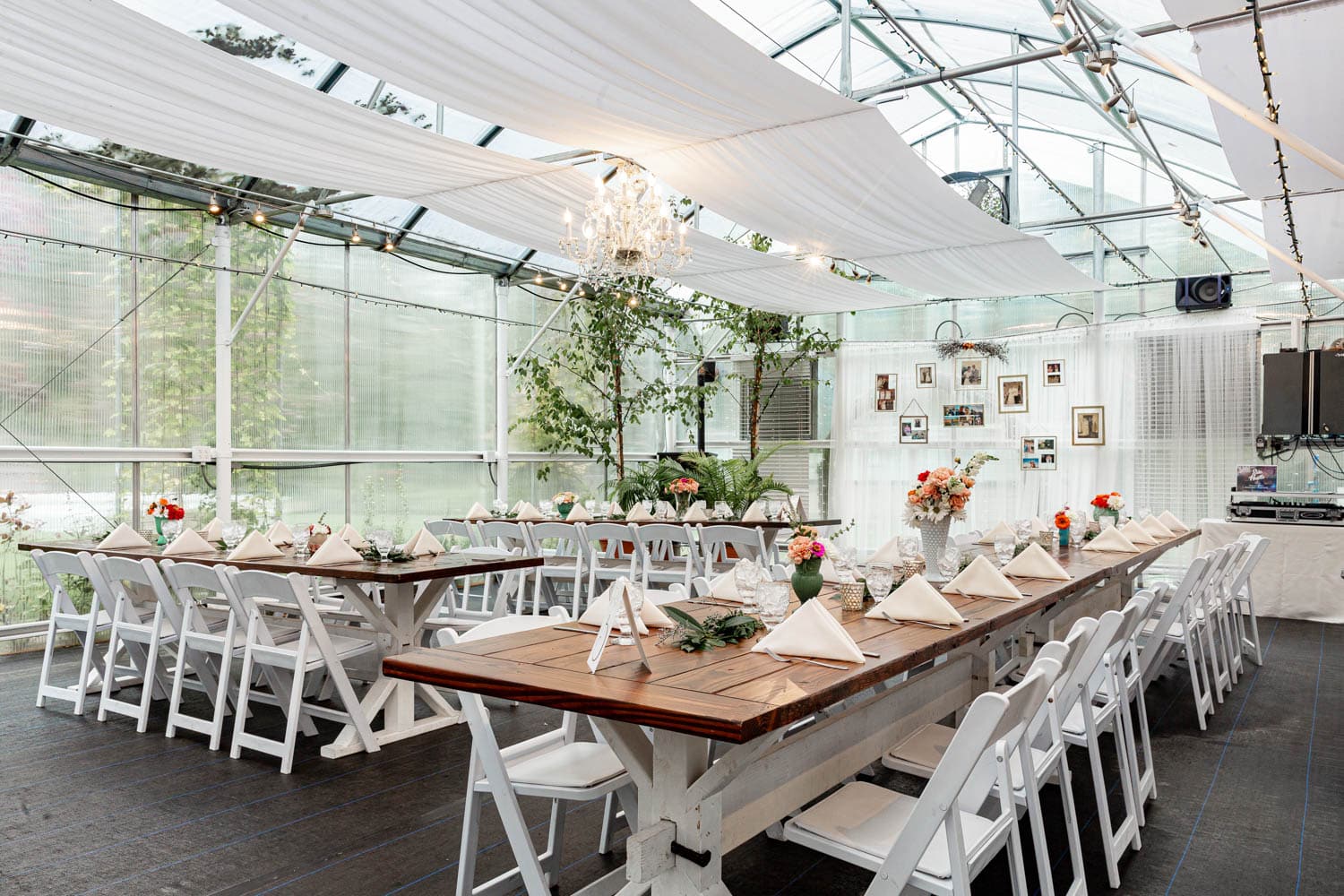 Black Diamond Gardens' interior reception site is located in a greenhouse-like structure with farm tables, twinkly lights, and botanical details.